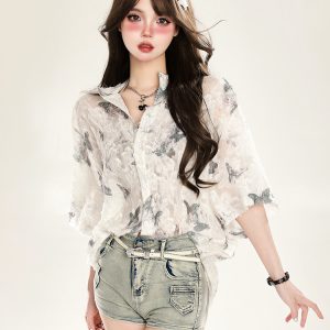 Butterfly Print Short Sleeve Shirt for Women - Summer Sun Protection Loose Cardigan Top