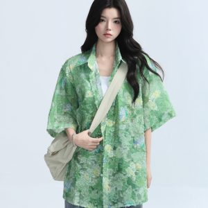 Butterfly Print Short Sleeve Shirt for Women, Lightweight & Sheer, Loose Fit, Summer Fashion, Sun Protection, Trendy Casual Top