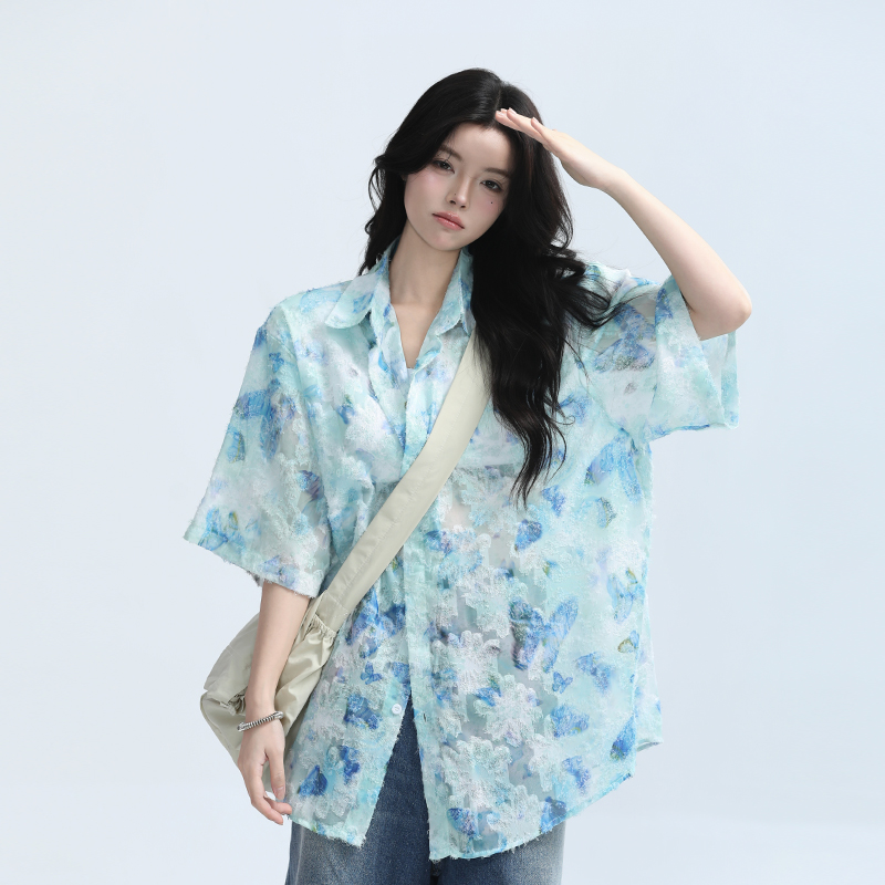 Butterfly Print Short Sleeve Shirt for Women, Lightweight & Sheer, Loose Fit, Summer Fashion, Sun Protection, Trendy Casual Top