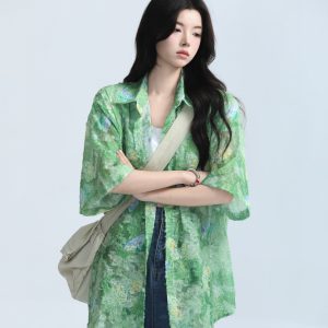 Butterfly Print Short Sleeve Shirt for Women, Lightweight & Sheer, Loose Fit, Summer Fashion, Sun Protection, Trendy Casual Top