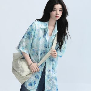 Butterfly Print Short Sleeve Shirt for Women, Lightweight & Sheer, Loose Fit, Summer Fashion, Sun Protection, Trendy Casual Top