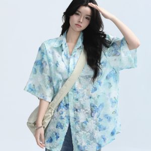 Butterfly Print Short Sleeve Shirt for Women, Lightweight & Sheer, Loose Fit, Summer Fashion, Sun Protection, Trendy Casual Top