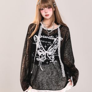 Butterfly Print Short-Sleeve T-Shirt for Women - American Style Casual Summer Top, Sweet & Spicy Loose Fit Sun Protection Cover-Up