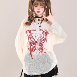 Butterfly Print Short-Sleeve T-Shirt for Women - American Style Casual Summer Top, Sweet & Spicy Loose Fit Sun Protection Cover-Up