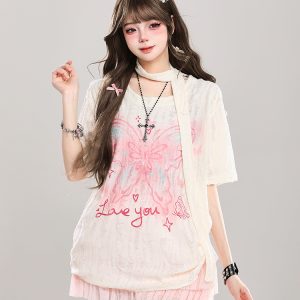 Butterfly Print Short-Sleeve T-Shirt for Women, Summer Loose Fit Cover-Up, Sheer Top, Sweet Girl Outfit, Y2K Casual Style