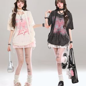 Butterfly Print Short-Sleeve T-Shirt for Women, Summer Loose Fit Cover-Up, Sheer Top, Sweet Girl Outfit, Y2K Casual Style