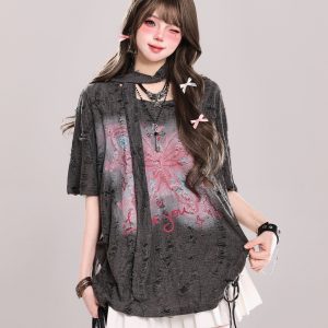 Butterfly Print Short-Sleeve T-Shirt for Women, Summer Loose Fit Cover-Up, Sheer Top, Sweet Girl Outfit, Y2K Casual Style