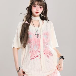 Butterfly Print Short-Sleeve T-Shirt for Women, Summer Loose Fit Cover-Up, Sheer Top, Sweet Girl Outfit, Y2K Casual Style