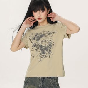 Butterfly Print Slim Fit Crop Top T-Shirt for Women – Summer Short Sleeve Casual Style, Y2K Aesthetic, Spicy Girl Fashion