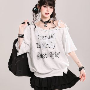 Butterfly Print Tie Shoulder Short-Sleeve T-Shirt for Women - American Style Loose Off-Shoulder Summer Top
