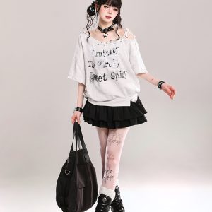 Butterfly Print Tie Shoulder Short-Sleeve T-Shirt for Women - American Style Loose Off-Shoulder Summer Top