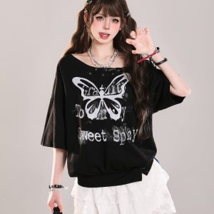 Butterfly Print Tie Shoulder Short-Sleeve T-Shirt for Women - American Style Loose Off-Shoulder Summer Top