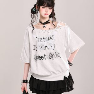 Butterfly Print Tie Shoulder Short-Sleeve T-Shirt for Women - American Style Loose Off-Shoulder Summer Top