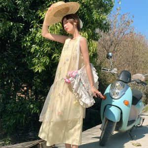 Butterfly Spirit Flower Embroidered Sleeveless Summer Dress for Women - Vintage Loose Layered Vacation Tank Dress