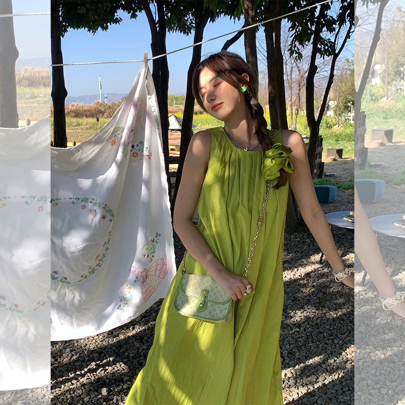 Butterfly Spirit Flower Embroidered Sleeveless Summer Dress for Women - Vintage Loose Layered Vacation Tank Dress