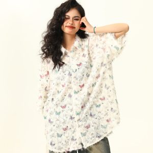 Butterfly Tassel Short Sleeve Shirt for Women - Trendy Loose Summer Blouse, 2025 Fashion, Y2K Style, Perfect for Summer Outfits