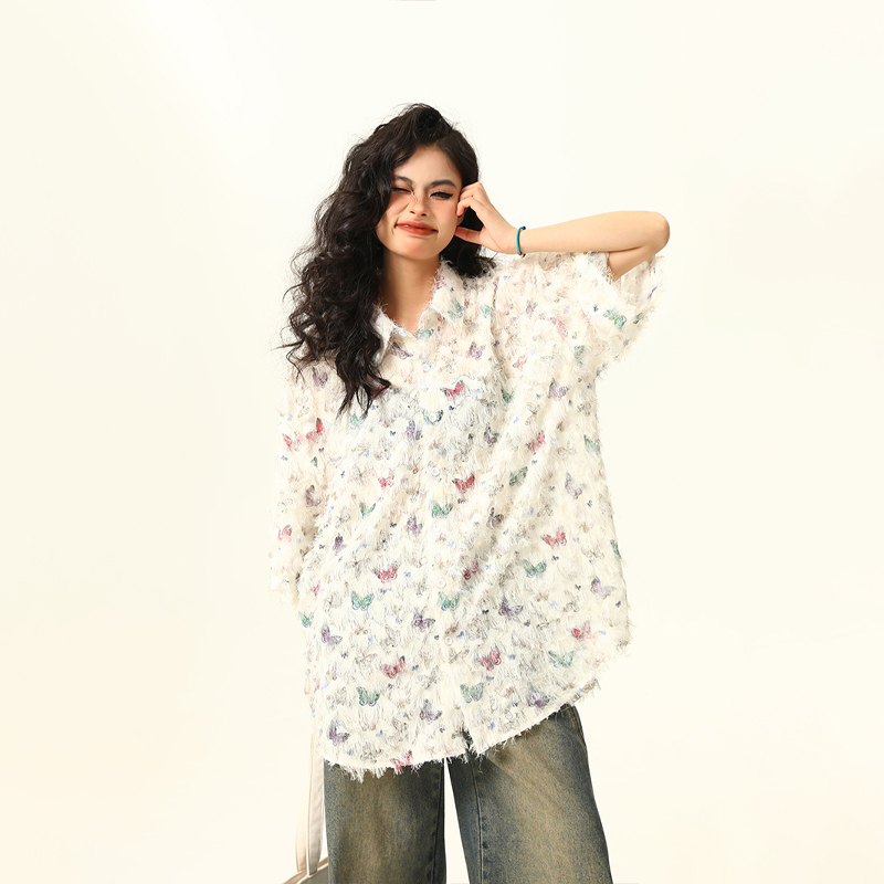 Butterfly Tassel Short Sleeve Shirt for Women - Trendy Loose Summer Blouse, 2025 Fashion, Y2K Style, Perfect for Summer Outfits