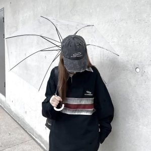 California Vintage Striped Spliced Polo Collar Sweatshirt - Unisex Long Sleeve, Versatile, Washable, American Dirty Dye Style