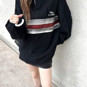 California Vintage Striped Spliced Polo Collar Sweatshirt - Unisex Long Sleeve, Versatile, Washable, American Dirty Dye Style