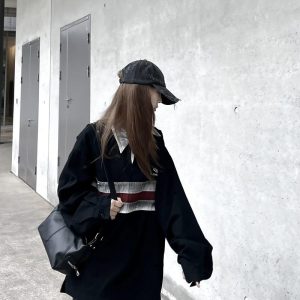 California Vintage Striped Spliced Polo Collar Sweatshirt - Unisex Long Sleeve, Versatile, Washable, American Dirty Dye Style