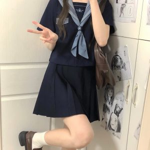 Camellia Cloud Sailor Girl JK Uniform Set - High School Sailor Suit with Long and Short Sleeve Tops, Classic Style, Y2K Fashion