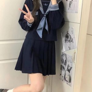 Camellia Cloud Sailor Girl JK Uniform Set - High School Sailor Suit with Long and Short Sleeve Tops, Classic Style, Y2K Fashion