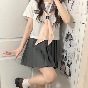 Camellia Cloud Sailor Girl JK Uniform Set - High School Sailor Suit with Long and Short Sleeve Tops, Classic Style, Y2K Fashion