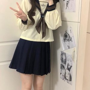 Camellia Cloud Sailor Girl JK Uniform Set - High School Sailor Suit with Long and Short Sleeve Tops, Classic Style, Y2K Fashion
