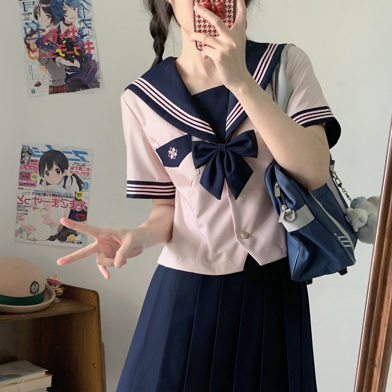 Camellia Women's Waist-Defined JK Uniform Sailor Suit Top - Summer Short Sleeve College Style with Three-Volume Design