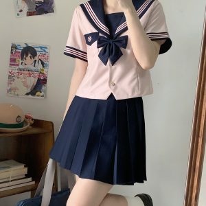 Camellia Women's Waist-Defined JK Uniform Sailor Suit Top - Summer Short Sleeve College Style with Three-Volume Design