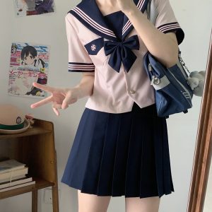 Camellia Women's Waist-Defined JK Uniform Sailor Suit Top - Summer Short Sleeve College Style with Three-Volume Design