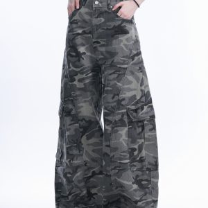 Camouflage Curved Knife Pants with Multiple Pockets - American Street Style Denim Work Pants for Trendy Casual Wear