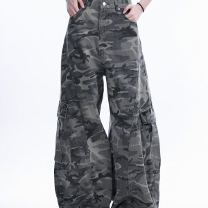 Camouflage Curved Knife Pants with Multiple Pockets - American Street Style Denim Work Pants for Trendy Casual Wear