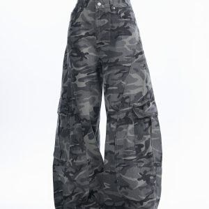 Camouflage Curved Knife Pants with Multiple Pockets - American Street Style Denim Work Pants for Trendy Casual Wear