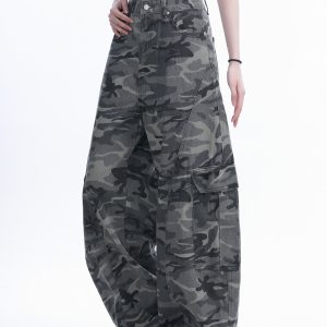 Camouflage Curved Knife Pants with Multiple Pockets - American Street Style Denim Work Pants for Trendy Casual Wear