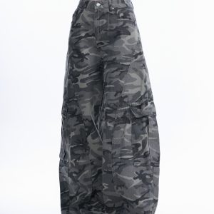 Camouflage Curved Knife Pants with Multiple Pockets - American Street Style Denim Work Pants for Trendy Casual Wear