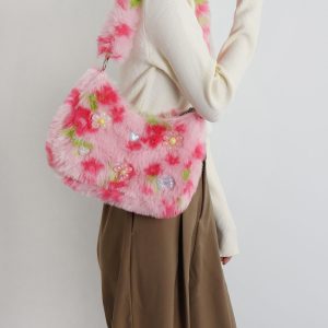 Candy Pink Plush Underarm Bag for Women - Sweet Strawberry Leopard Print Crossbody Tote - Cute Small Niche Style