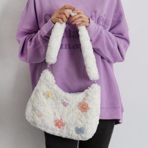 Candy Pink Plush Underarm Bag for Women - Sweet Strawberry Leopard Print Crossbody Tote - Cute Small Niche Style