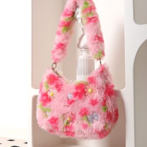 Candy Pink Plush Underarm Bag for Women - Sweet Strawberry Leopard Print Crossbody Tote - Cute Small Niche Style