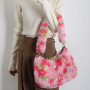 Candy Pink Plush Underarm Bag for Women - Sweet Strawberry Leopard Print Crossbody Tote - Cute Small Niche Style