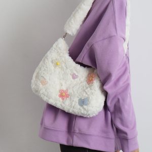 Candy Pink Plush Underarm Bag for Women - Sweet Strawberry Leopard Print Crossbody Tote - Cute Small Niche Style