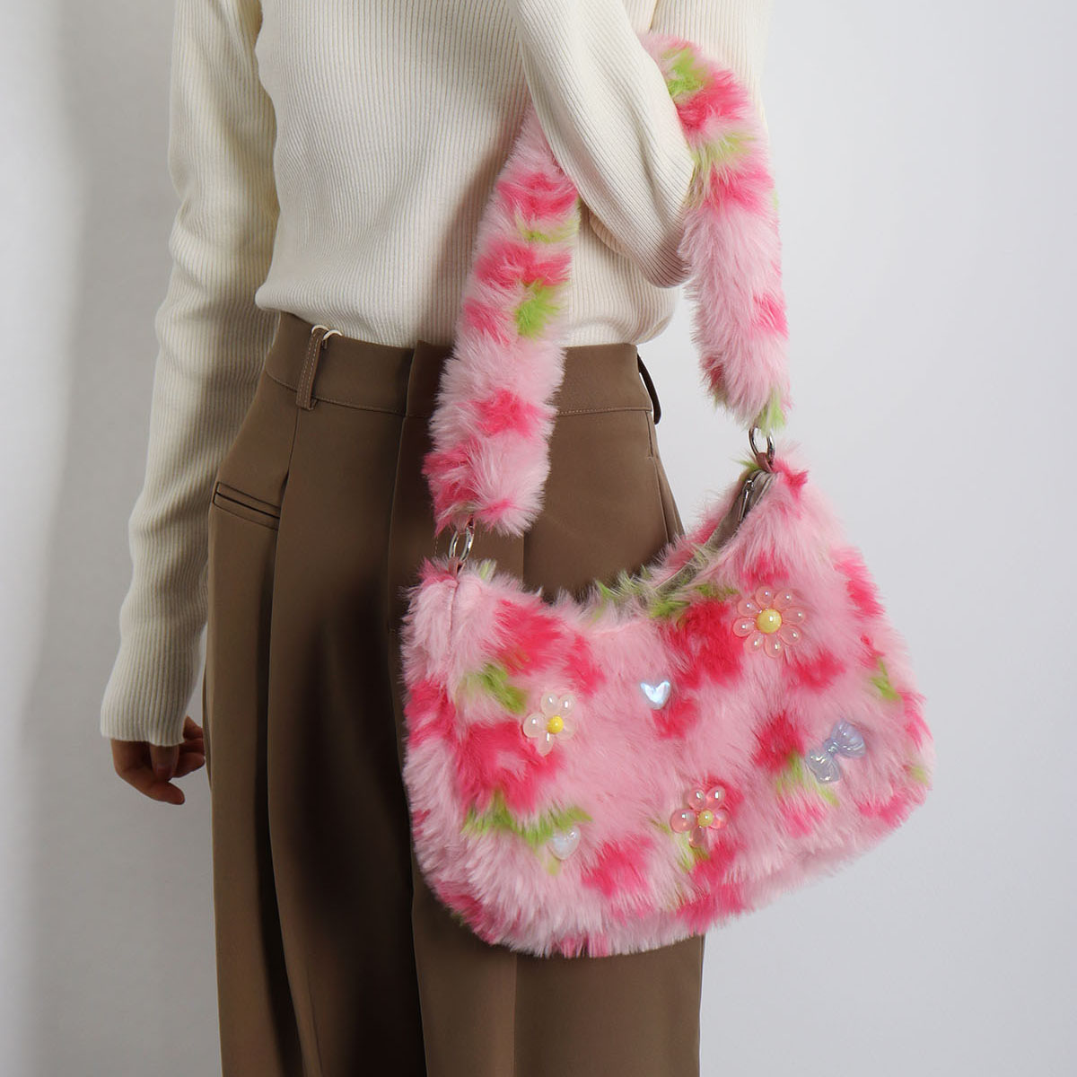 Candy Pink Plush Underarm Bag for Women - Sweet Strawberry Leopard Print Crossbody Tote - Cute Small Niche Style