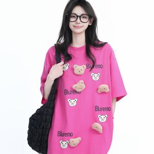 Cartoon Graphic Pink Short Sleeve T-Shirt for Women - Fun Summer Design, Loose Fit, Casual Style