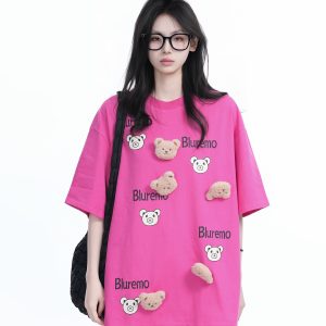 Cartoon Graphic Pink Short Sleeve T-Shirt for Women - Fun Summer Design, Loose Fit, Casual Style
