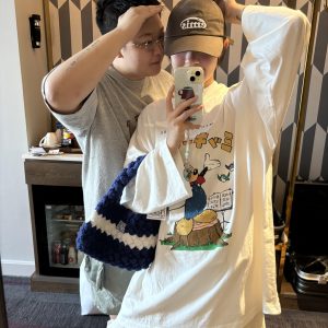 Cartoon Print Casual Oversized Long Sleeve T-Shirt for Autumn & Winter - Korean Style, Youthful and Slimming Cotton Tee