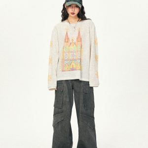 Castle Graffiti Long Sleeve T-Shirt for Women - 2024 Spring Loose Round Neck Urban Style Tee