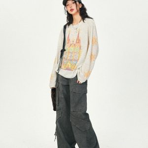 Castle Graffiti Long Sleeve T-Shirt for Women - 2024 Spring Loose Round Neck Urban Style Tee