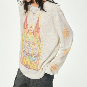 Castle Graffiti Long Sleeve T-Shirt for Women - 2024 Spring Loose Round Neck Urban Style Tee