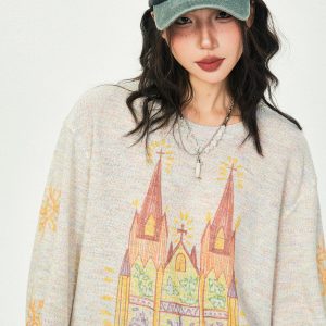 Castle Graffiti Long Sleeve T-Shirt for Women - 2024 Spring Loose Round Neck Urban Style Tee