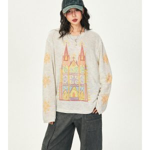 Castle Graffiti Long Sleeve T-Shirt for Women - 2024 Spring Loose Round Neck Urban Style Tee